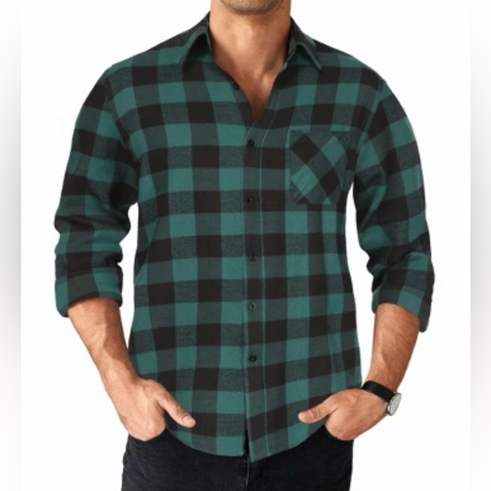 NWT Coofandy Men’s Green Black Flannel Button Down Shirt 4XL